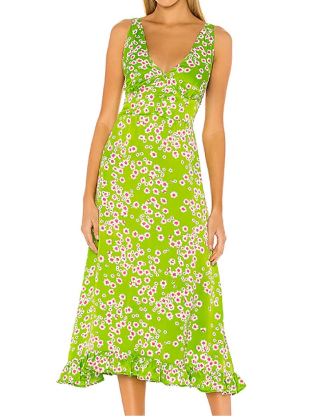 NWT Faithfull The Brand Emili Sun Green Floral Print Satin Midi Slip Dress 4 US